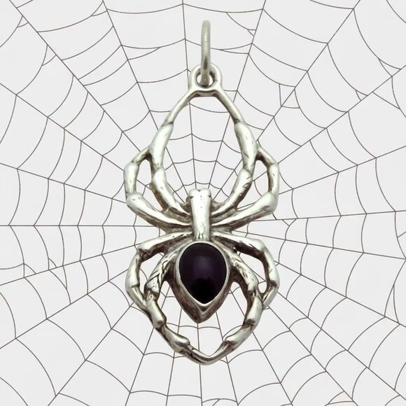 Vintage Sterling Silver Creepy Spider Black Onyx Pendant Halloween Charm 1960s - Picture 1 of 5